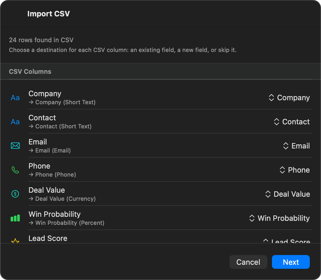 The CSV import sheet on the column-mapping step, each CSV column showing the field it will be imported into