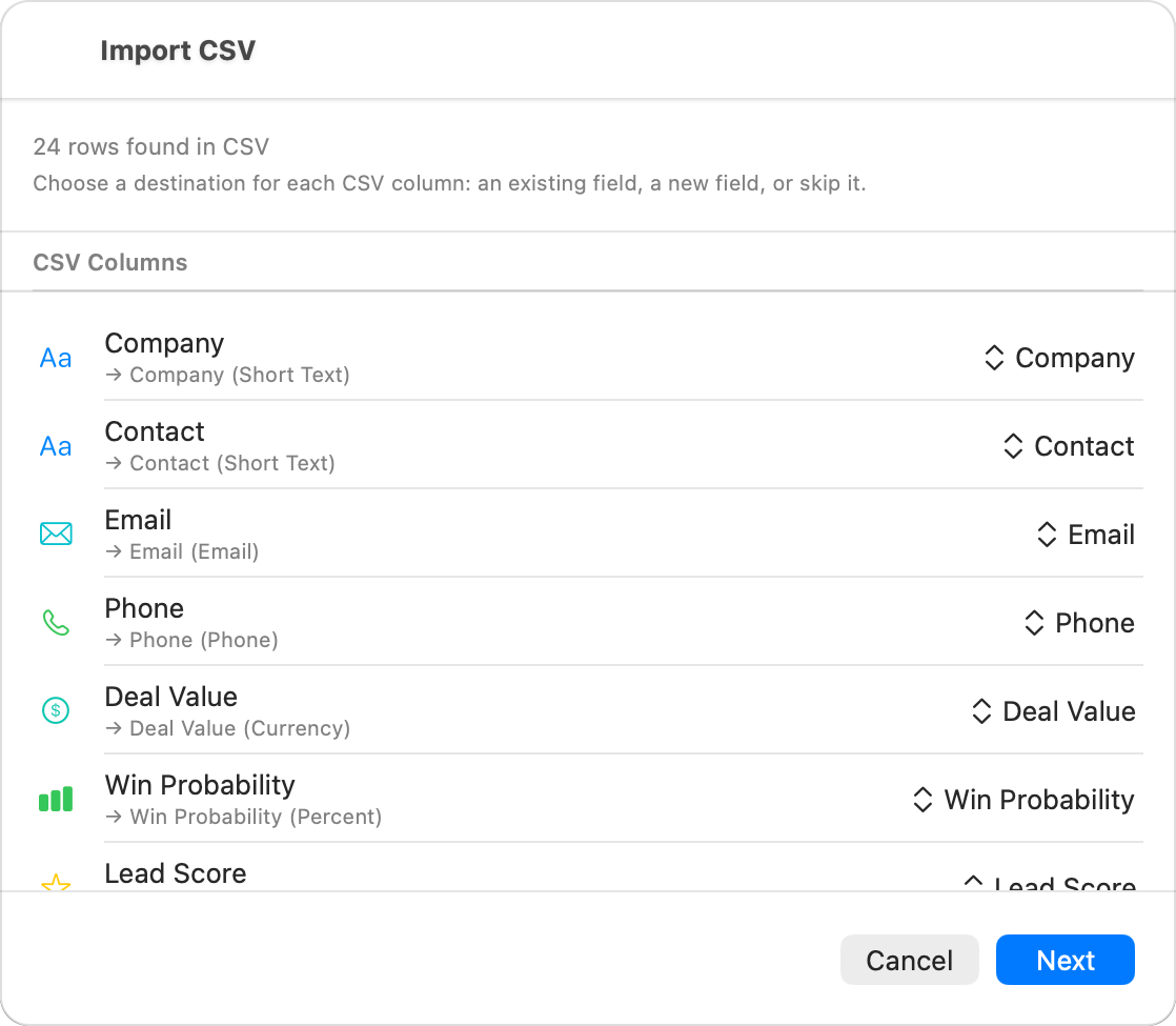 The CSV import sheet on the column-mapping step, each CSV column showing the field it will be imported into