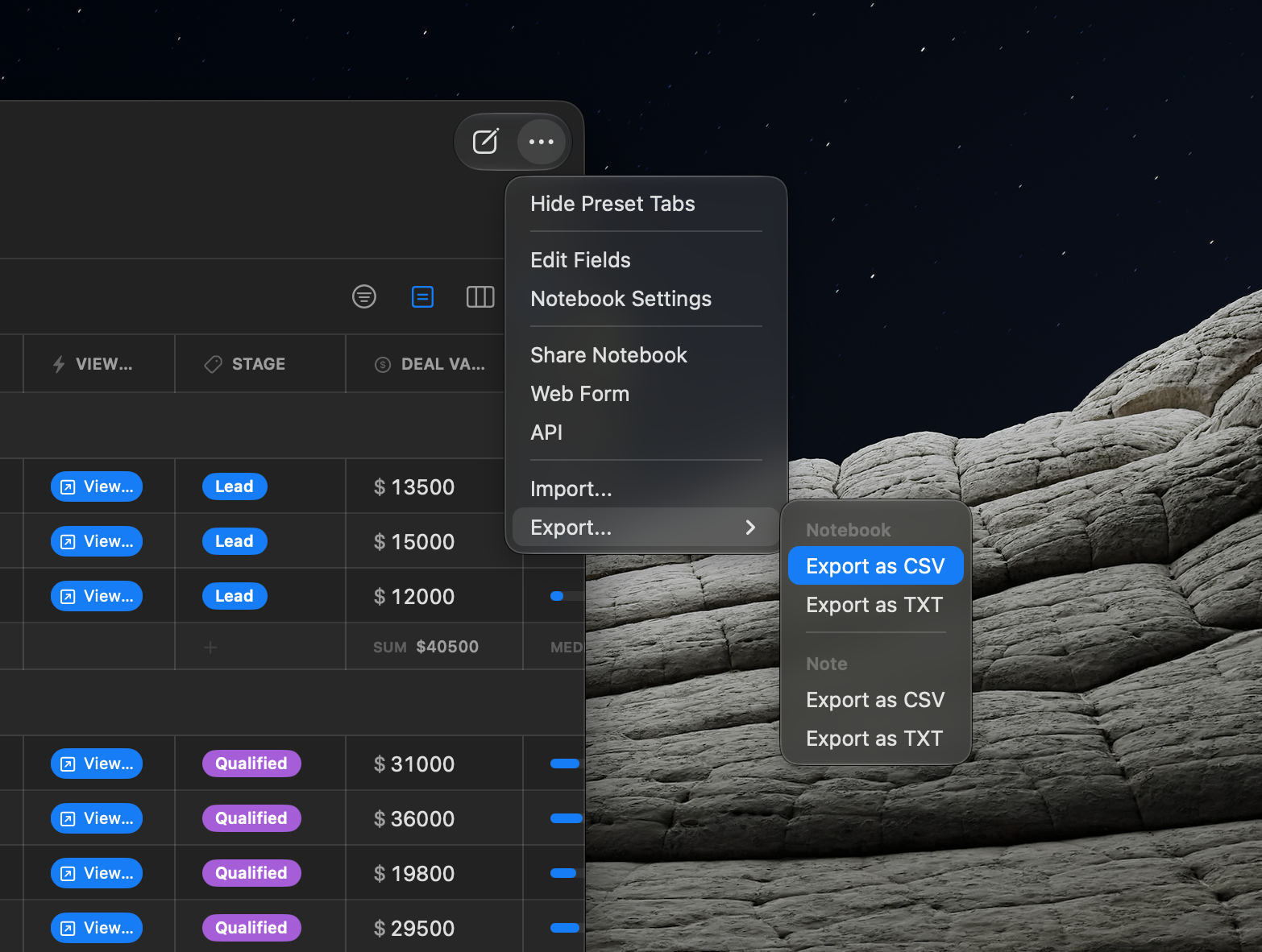 The Export submenu in the <strong>⋯ (More)</strong> menu