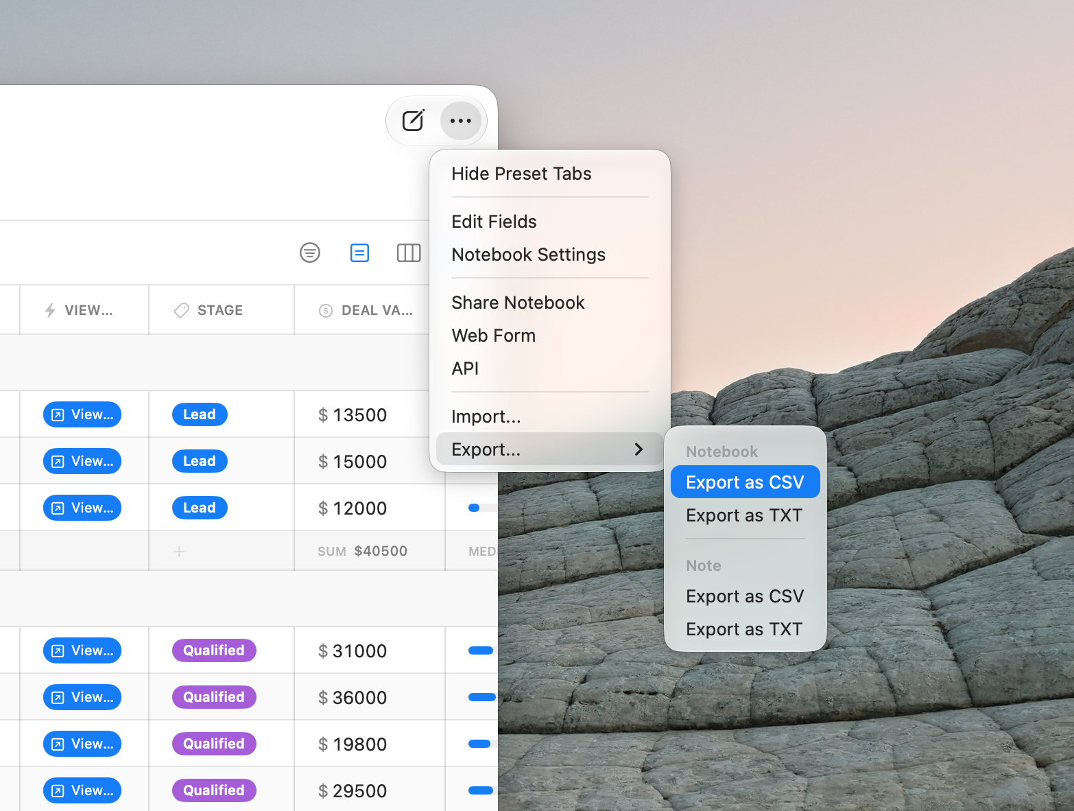 The Export submenu in the <strong>⋯ (More)</strong> menu