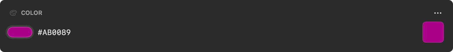 A Color field showing the picker, the hex input, and the swatch