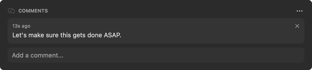 The Comments field with a few entries (author + relative date + content) and the input area below