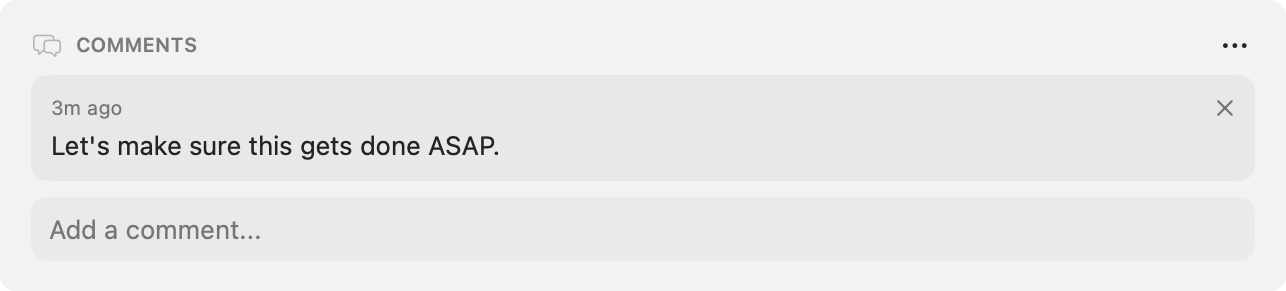 The Comments field with a few entries (author + relative date + content) and the input area below