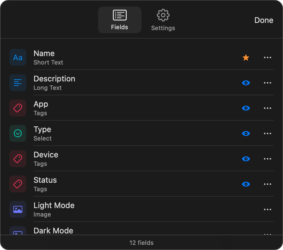 The Fields tab with type icons, names, visibility toggles, and the <strong>⋯ (More)</strong> menu