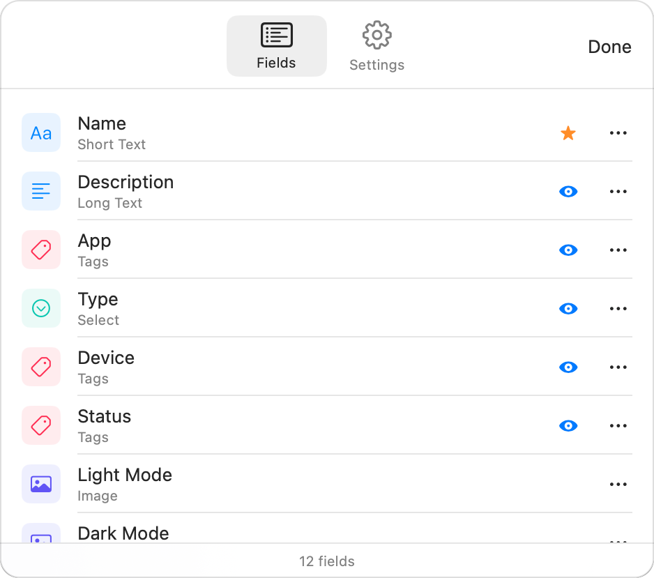 The Fields tab with type icons, names, visibility toggles, and the <strong>⋯ (More)</strong> menu