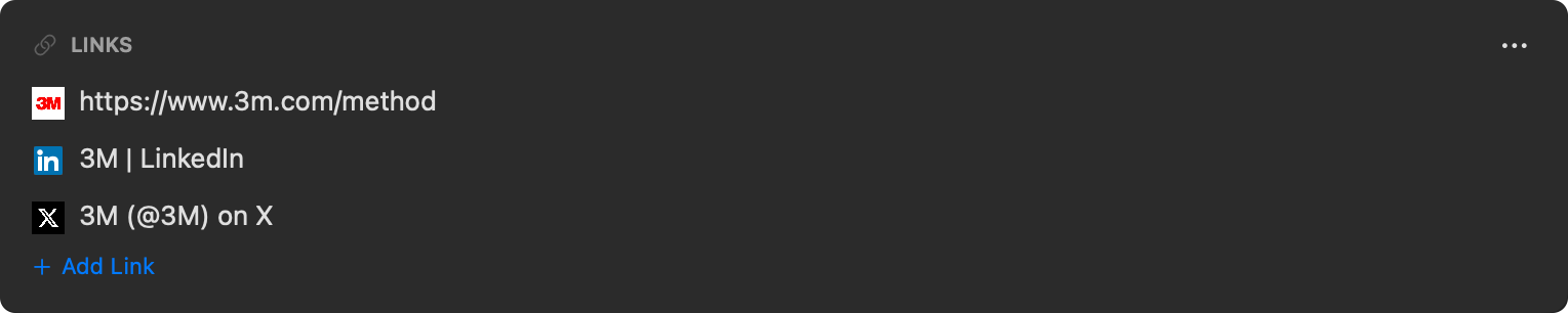 A URL field with several links, each showing the site icon and the page title
