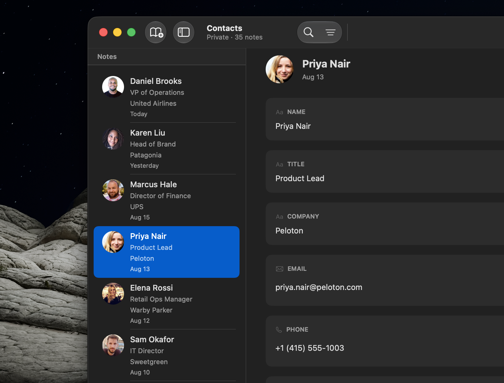 A note list with avatars showing an uploaded photo, company logos resolved from email domains, and initials on a colored circle