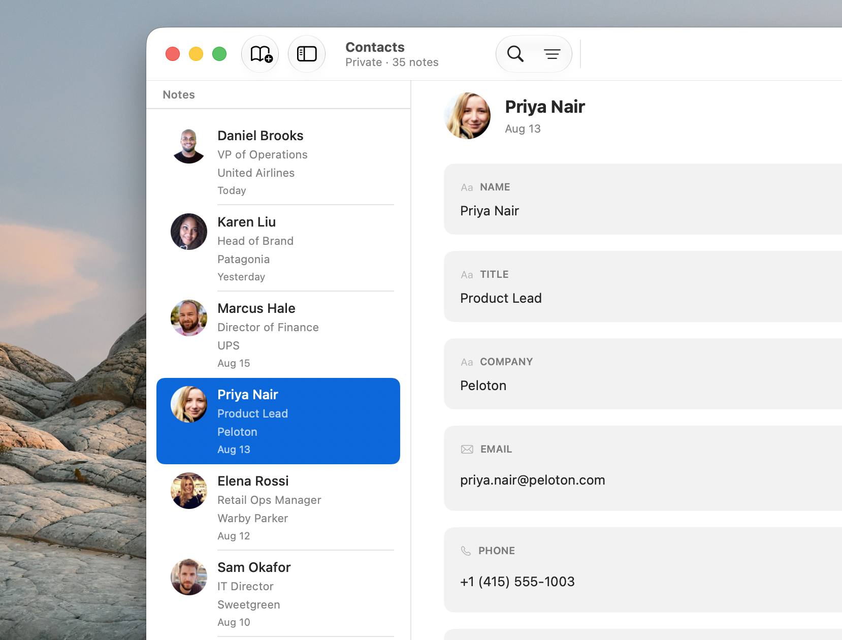 A note list with avatars showing an uploaded photo, company logos resolved from email domains, and initials on a colored circle