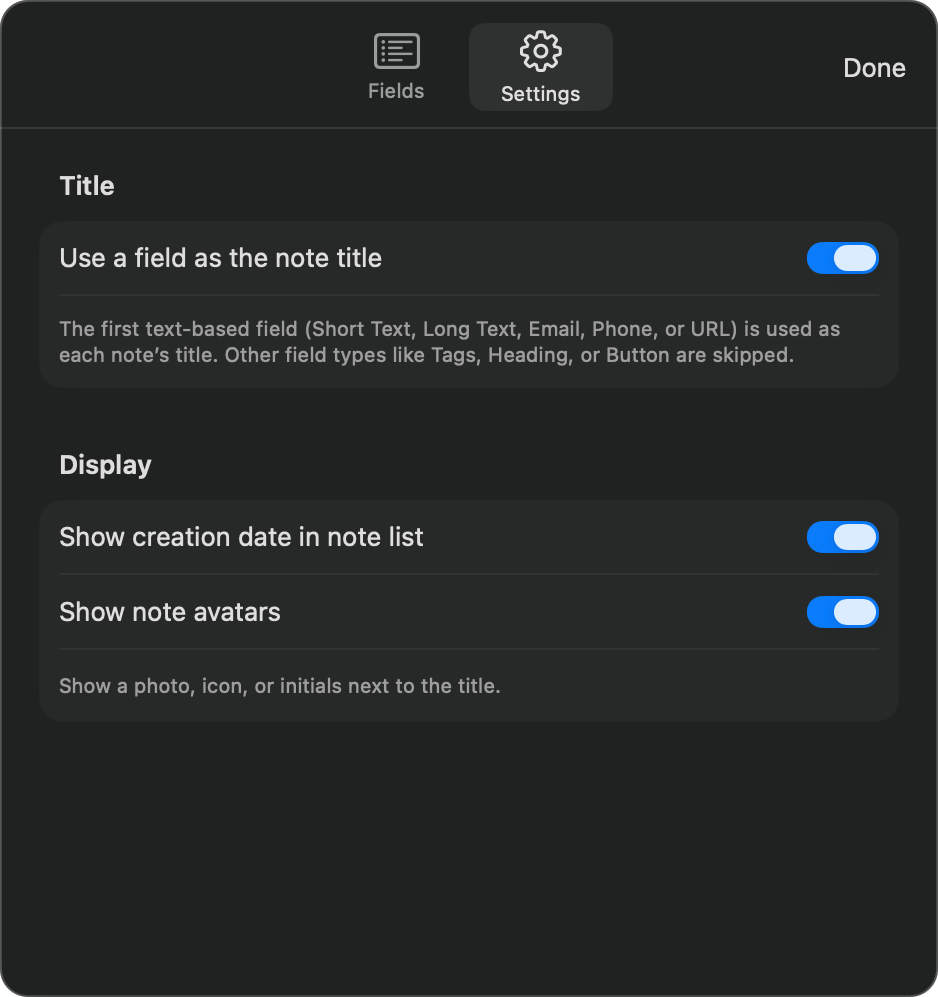 The Notebook Settings tab showing the title mode toggle