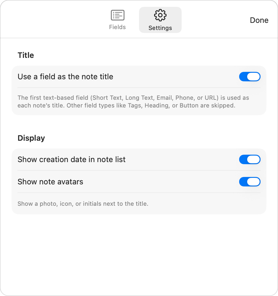 The Notebook Settings tab showing the title mode toggle