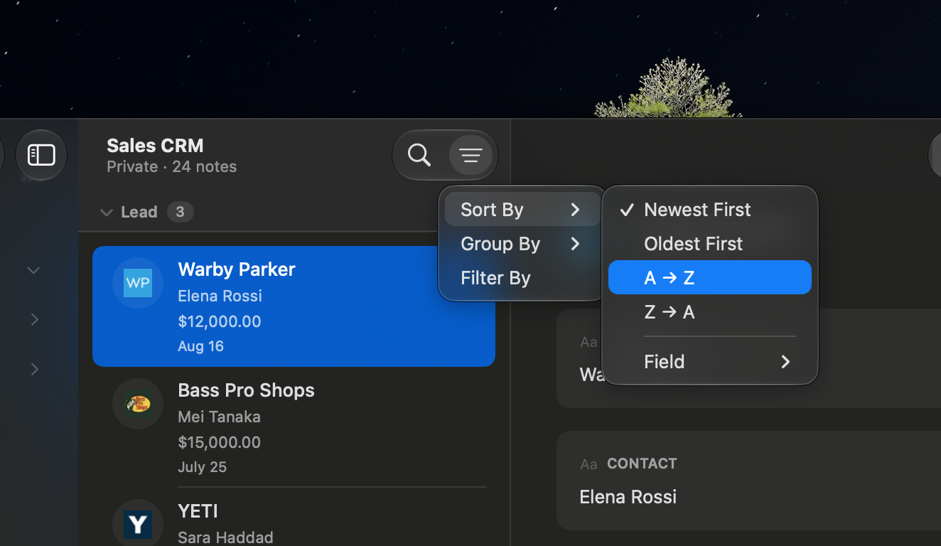 The View Options dropdown showing Sort By, Group By, and Filter By