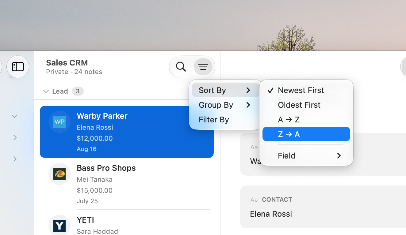The View Options dropdown showing Sort By, Group By, and Filter By