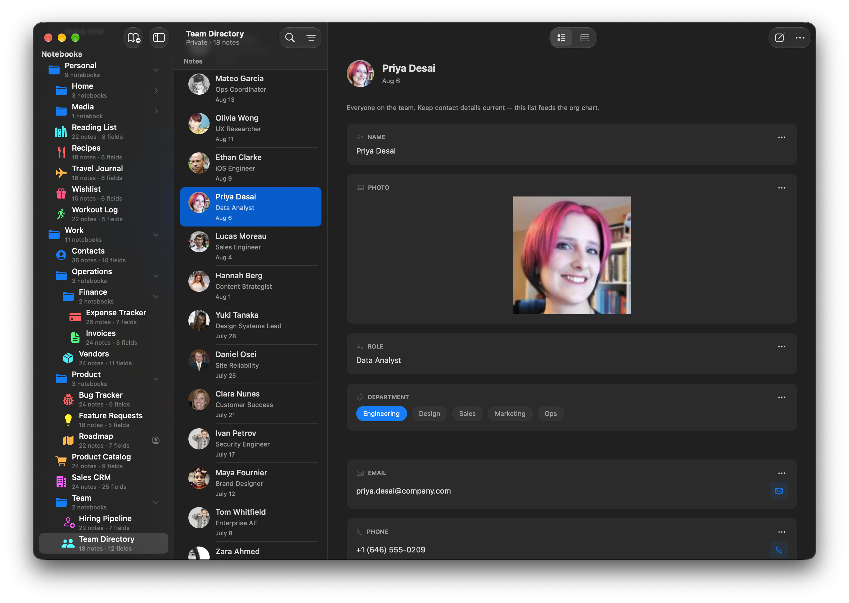 The three-column Notes view with sidebar, note list, and note detail