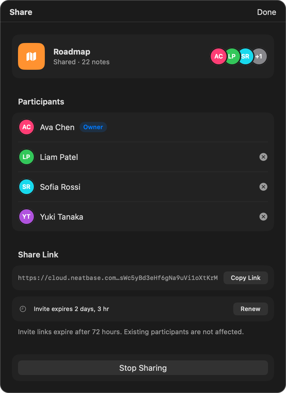 The Share panel showing the share link, participants, and management options