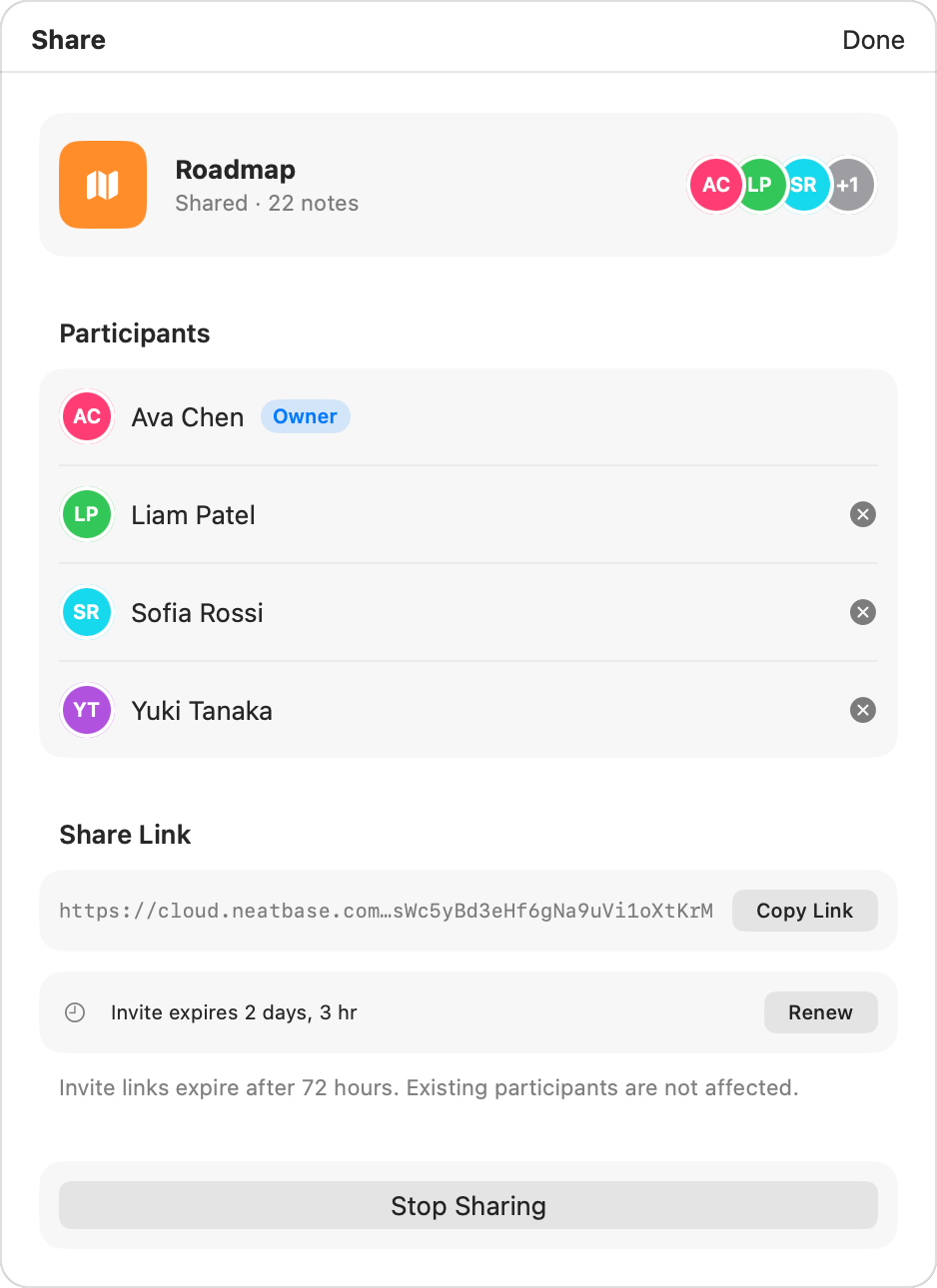 The Share panel showing the share link, participants, and management options