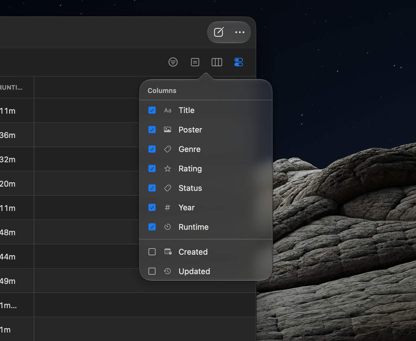 The column picker popover with visibility checkboxes and system columns