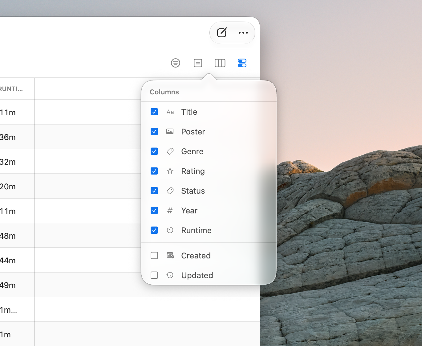 The column picker popover with visibility checkboxes and system columns