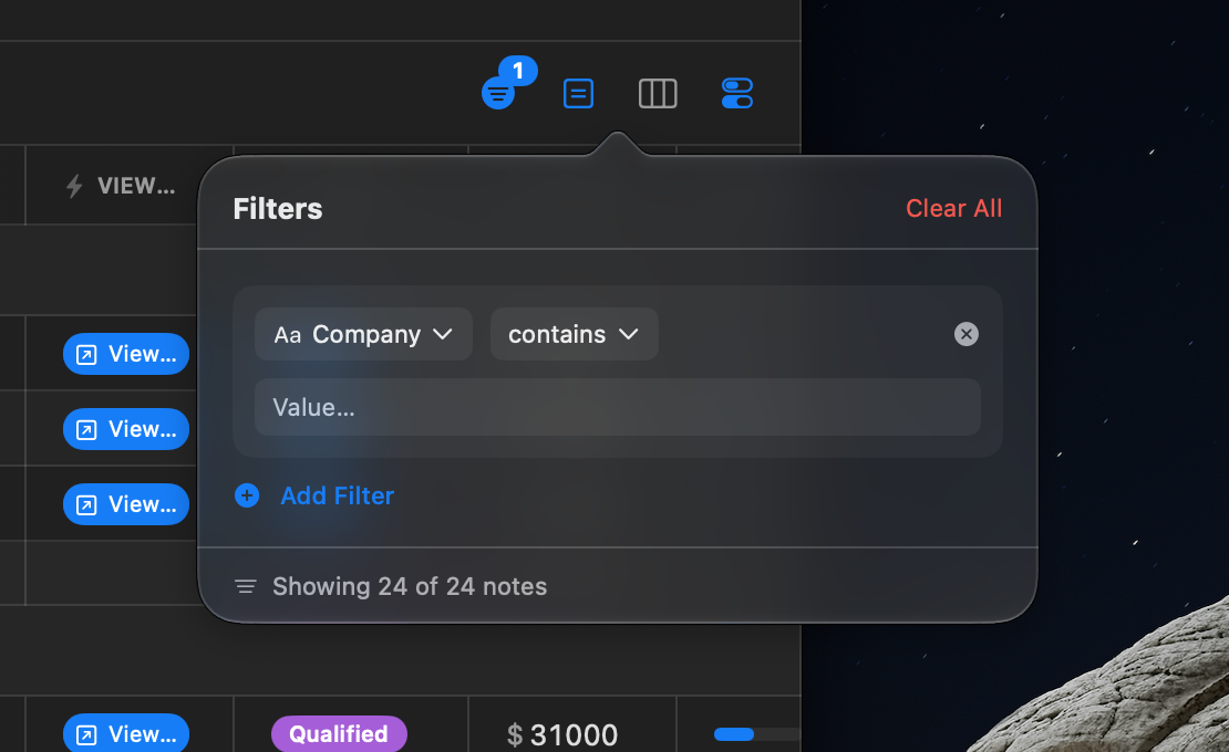 The filter editor with an active filter showing the field menu, condition menu, and value input