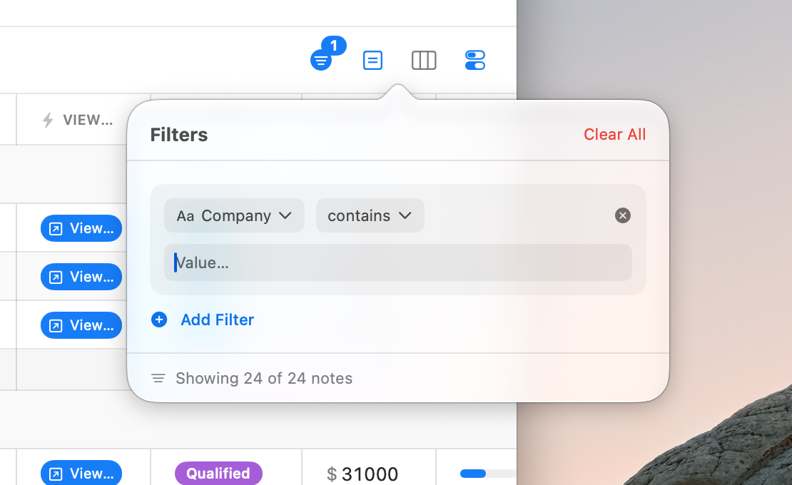 The filter editor with an active filter showing the field menu, condition menu, and value input
