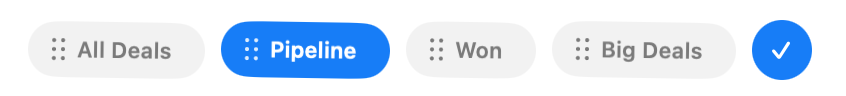 Preset tabs in reorder mode, each showing its drag handle, with the checkmark button at the end