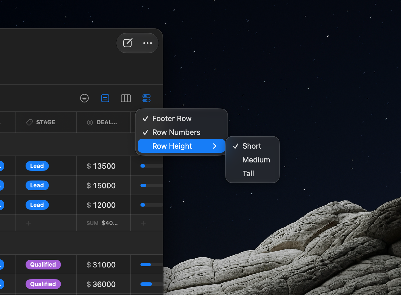 The View options menu showing the Footer Row and Row Numbers toggles and the Row Height picker