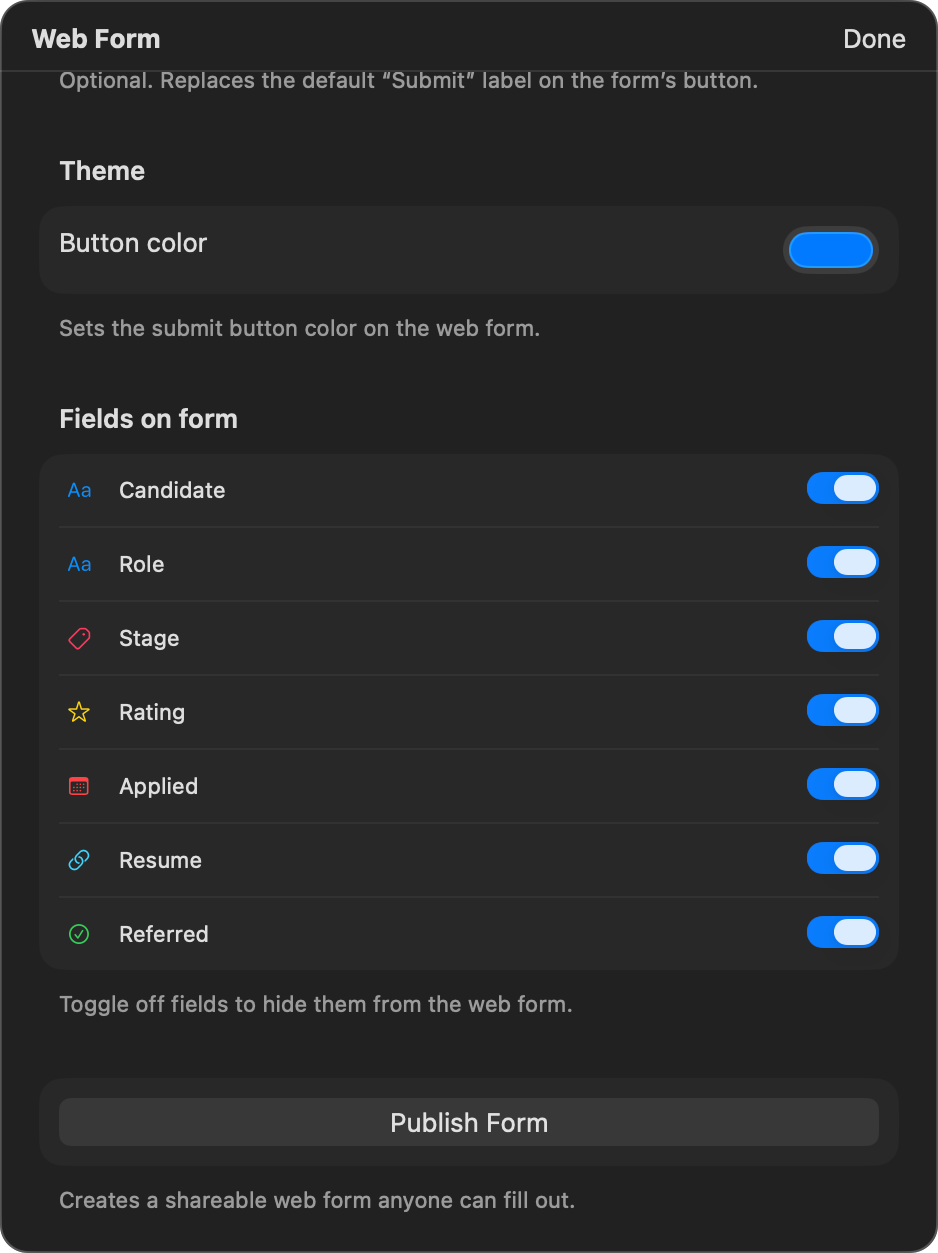 The Form tab showing the editor with logo, title, description, and color settings