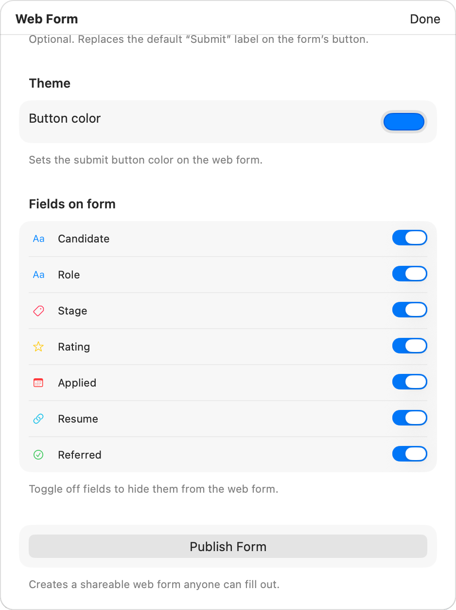 The Form tab showing the editor with logo, title, description, and color settings
